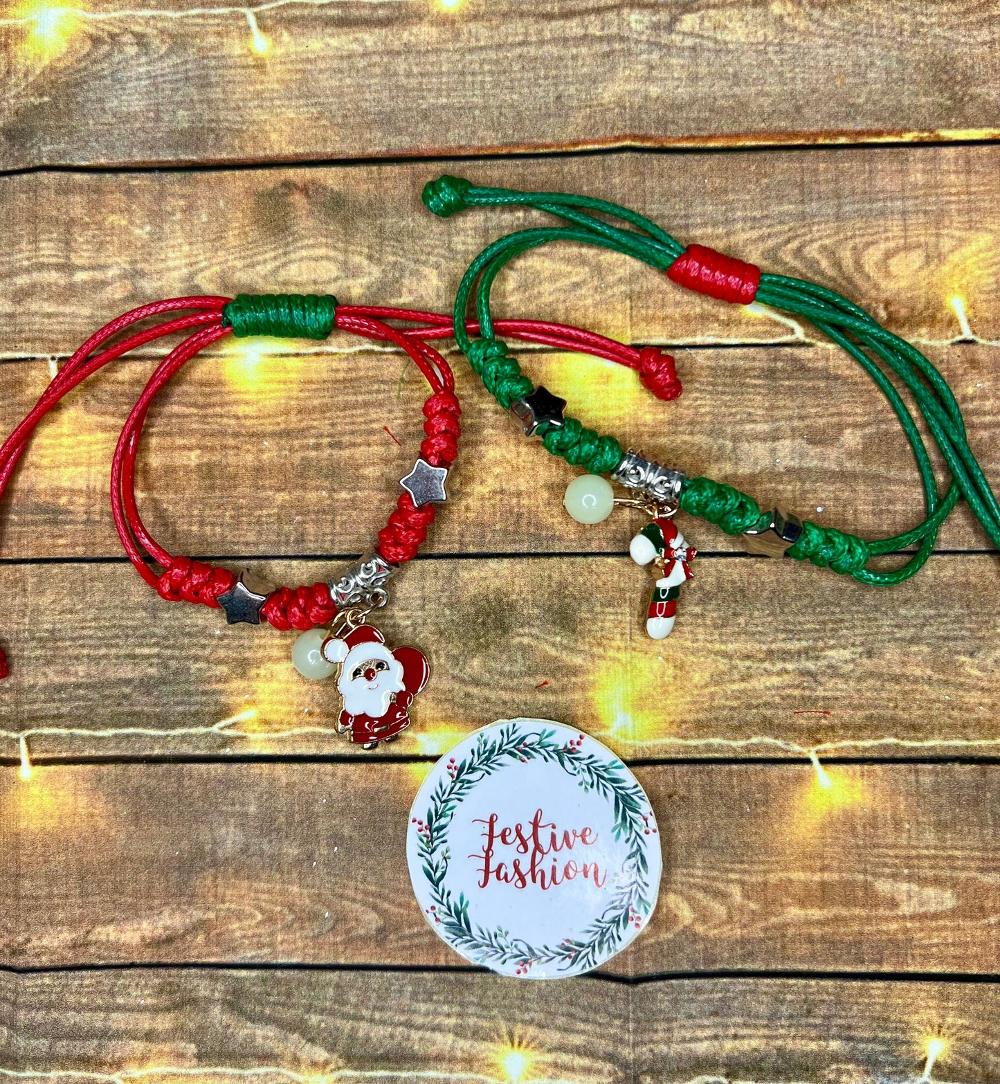 Set of 2 Red & Green Cord Christmas Charm Bracelets (assorted designs)