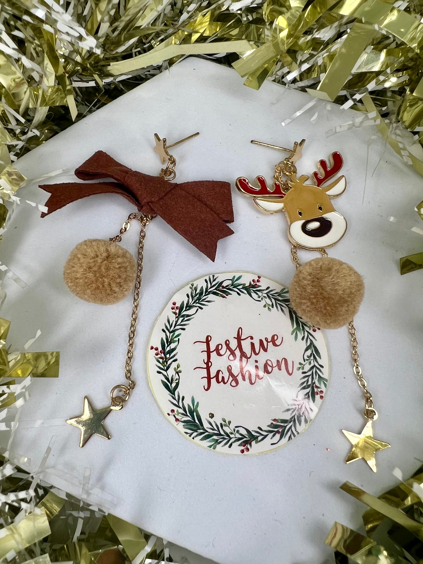 Brown Reindeer Pom Pom Earrings