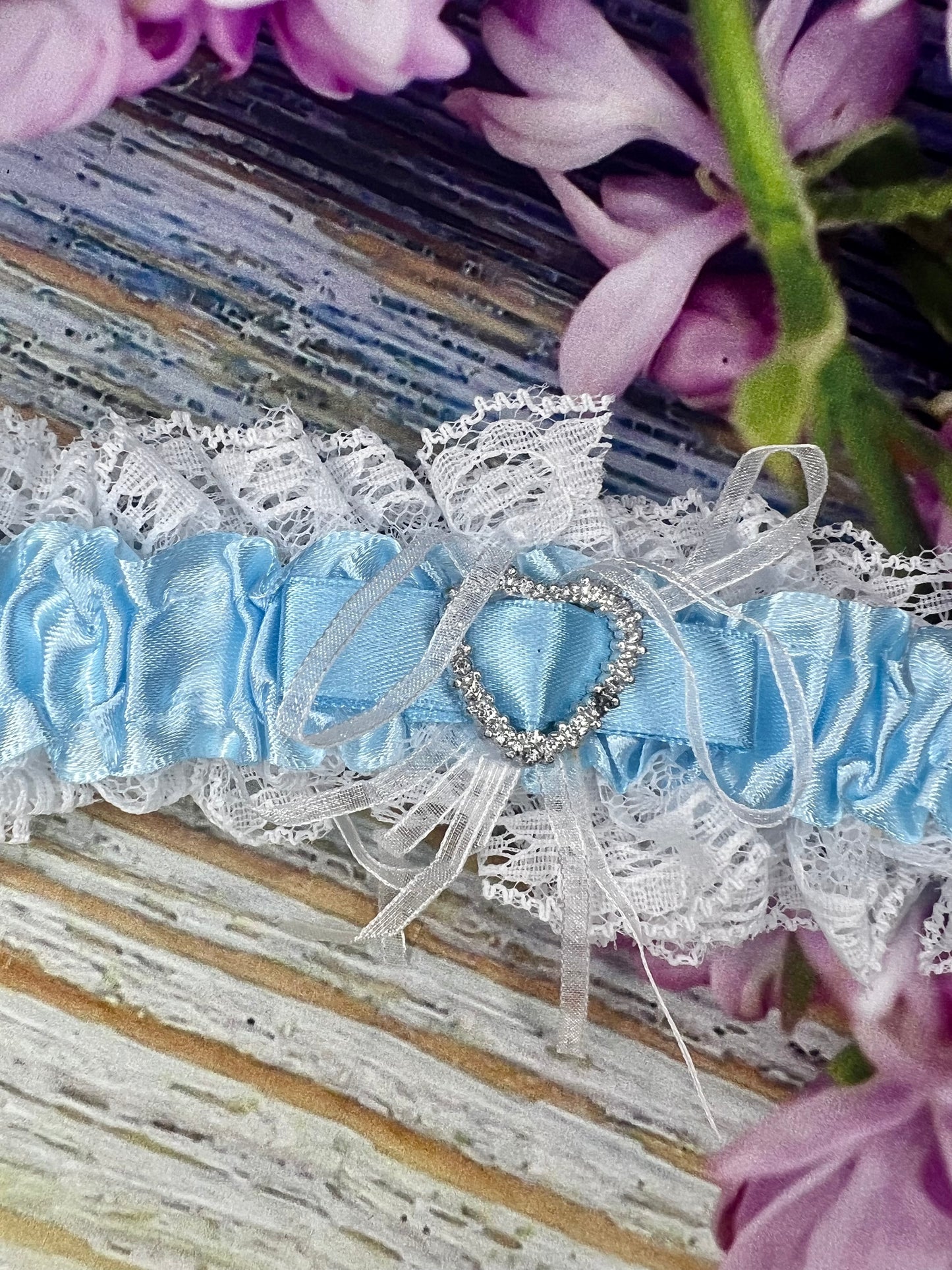 Lace & Satin Bridal Garter – Blue or White with Diamanté Heart