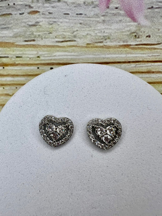 Silver Diamanté Heart Stud Earrings