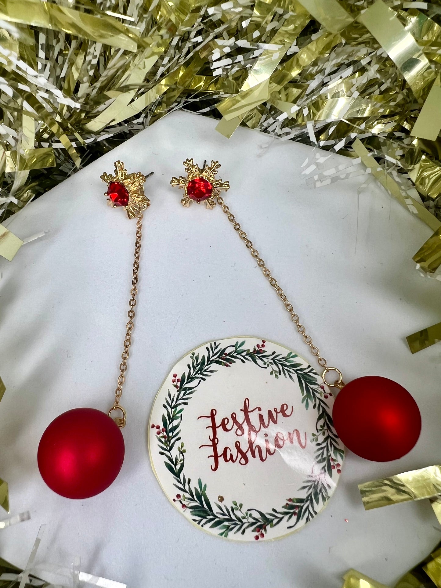 Red & Gold Snowflake Bauble Earrings