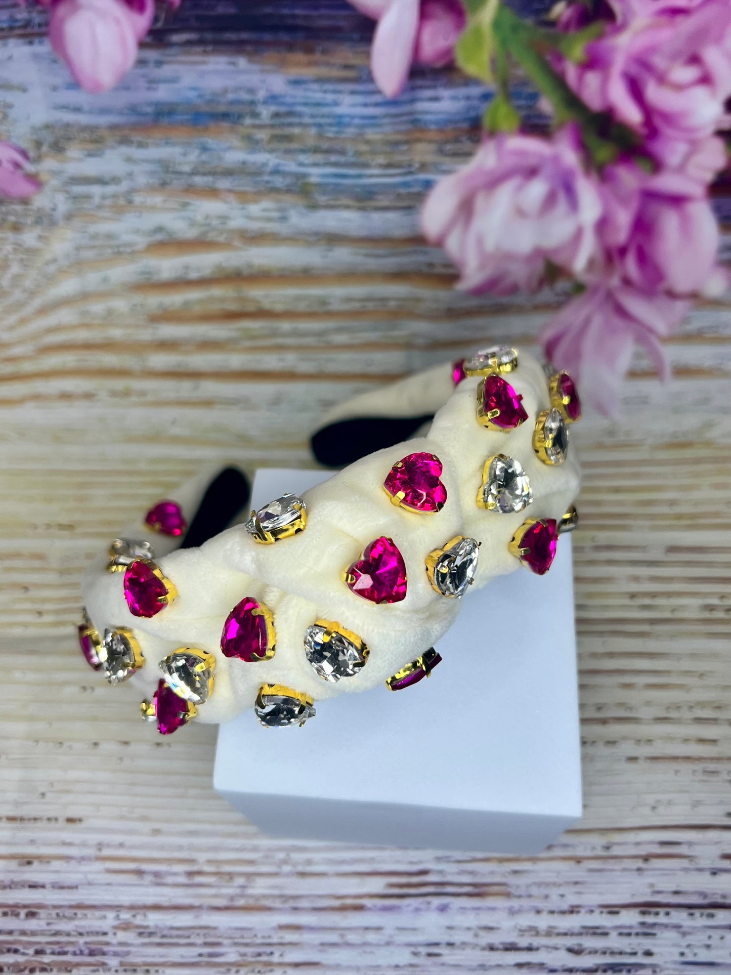 Cream Knotted Valentine’s Headband with Diamanté Hearts