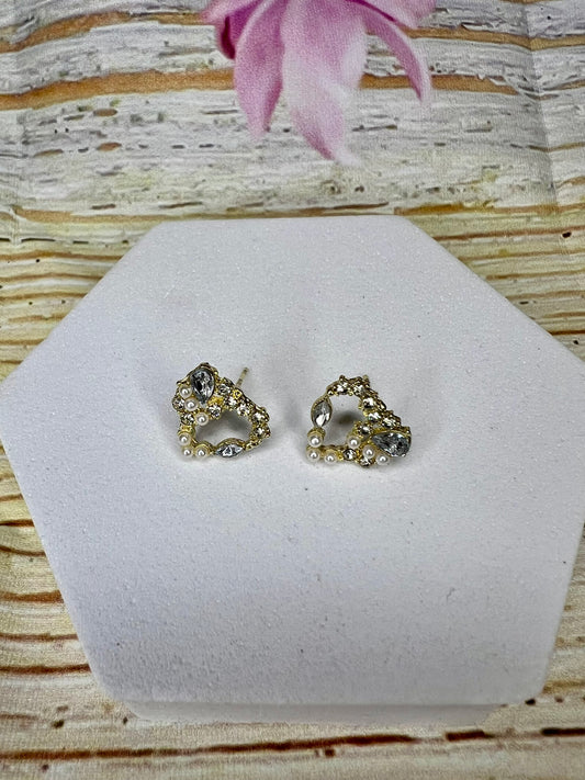 Dainty Pearl & Diamanté Heart Stud Earrings