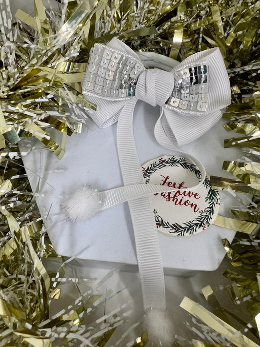 White Sequin and Ribbon Pom-Pom Hair Bobble