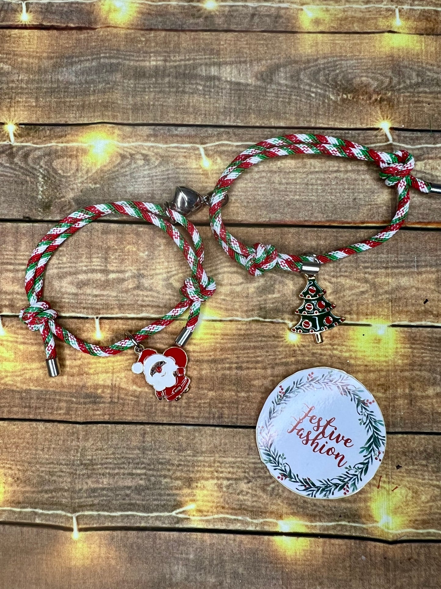Set of 2 Cord Friendship Bracelets with Christmas Charms (assorted designs)