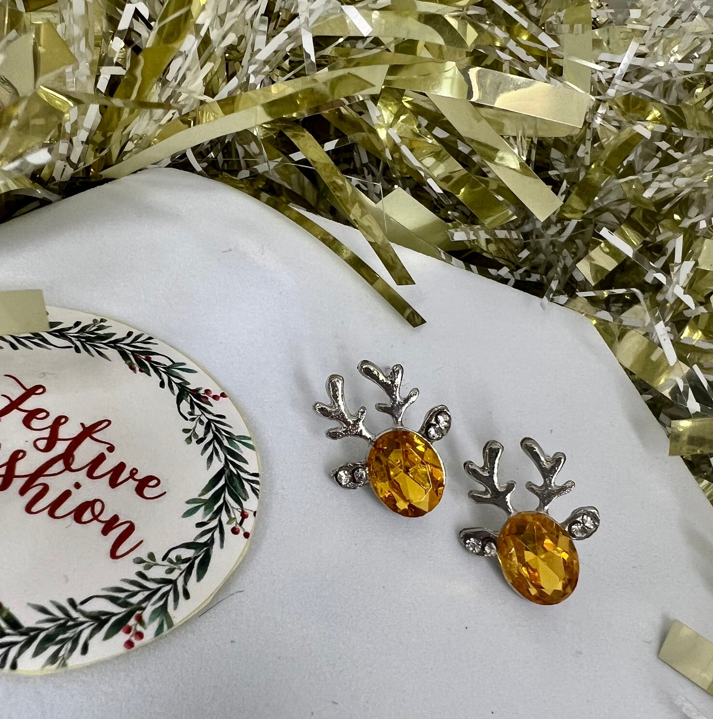 Reindeer Stud Earrings with Coloured Crystals (assorted colours)