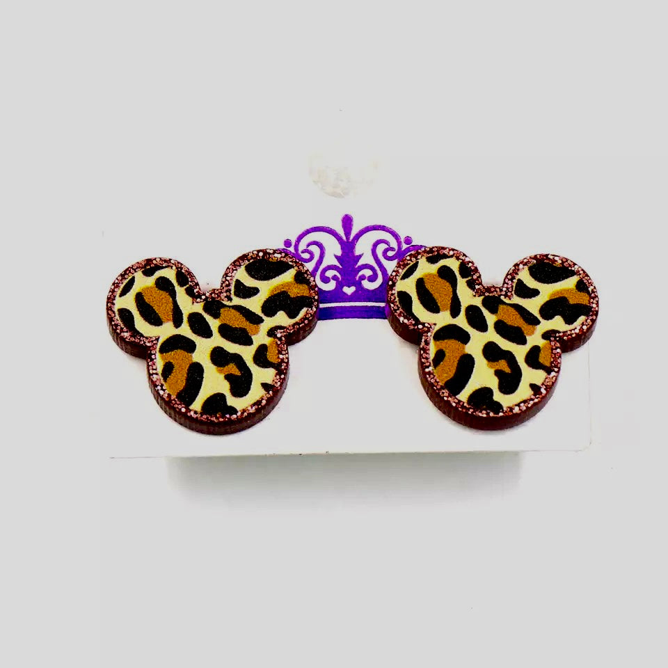 Glittery Leopard Print Mouse Stud Earrings