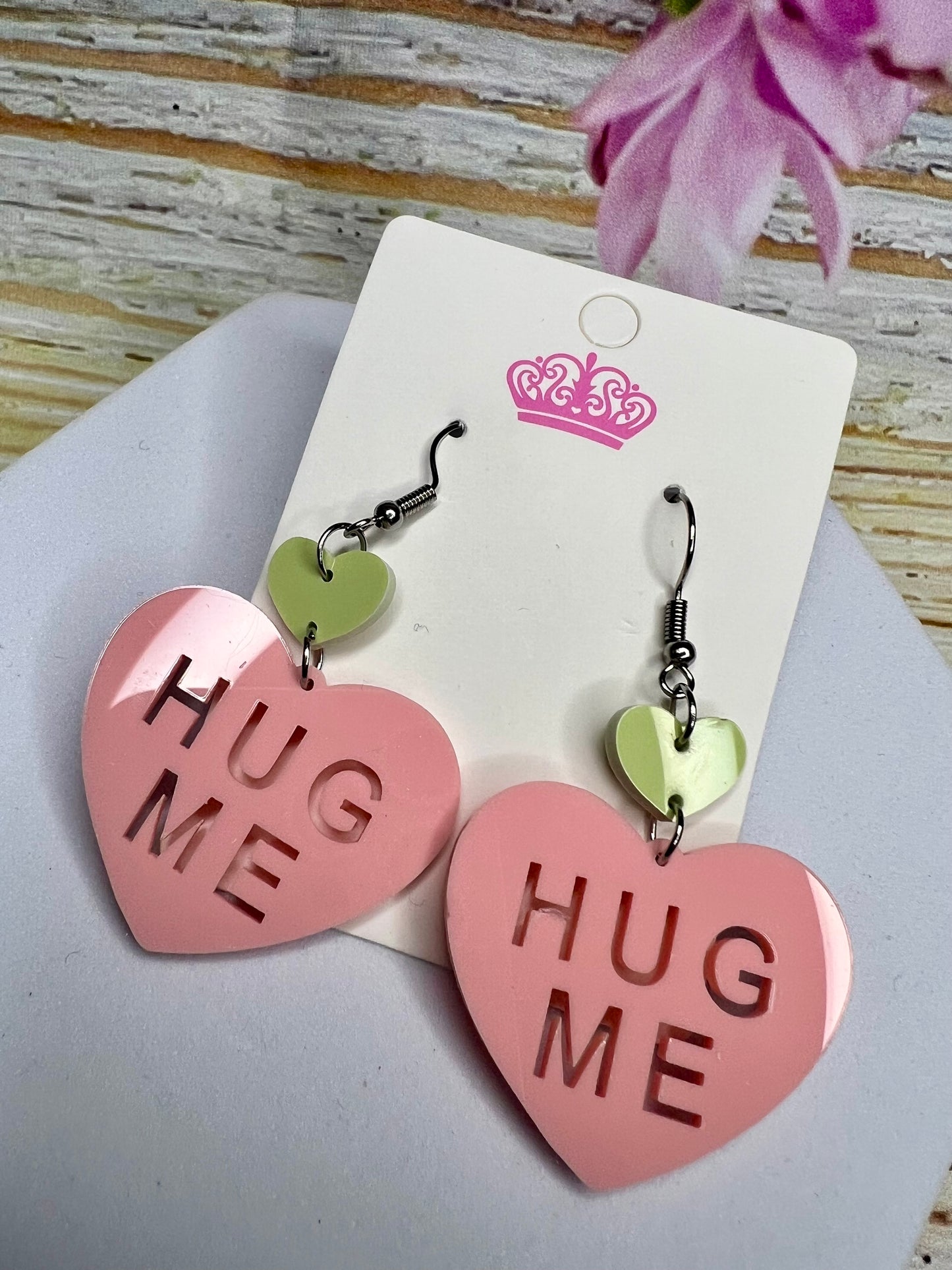 Acrylic Heart Earrings ‘Hug Me’ or ‘Kiss Me’