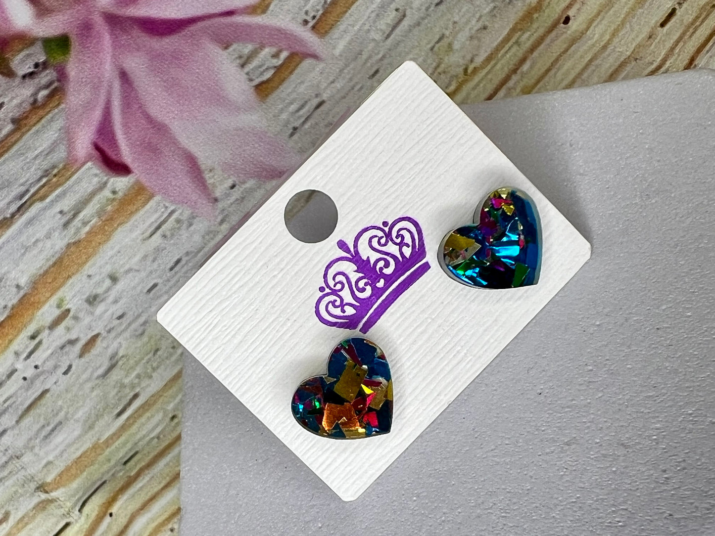 Multicoloured Metallic Heart Stud Earrings