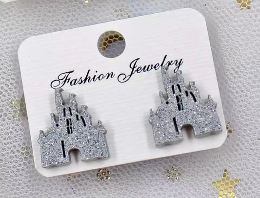 Silver Glitter Castle Stud Earrings