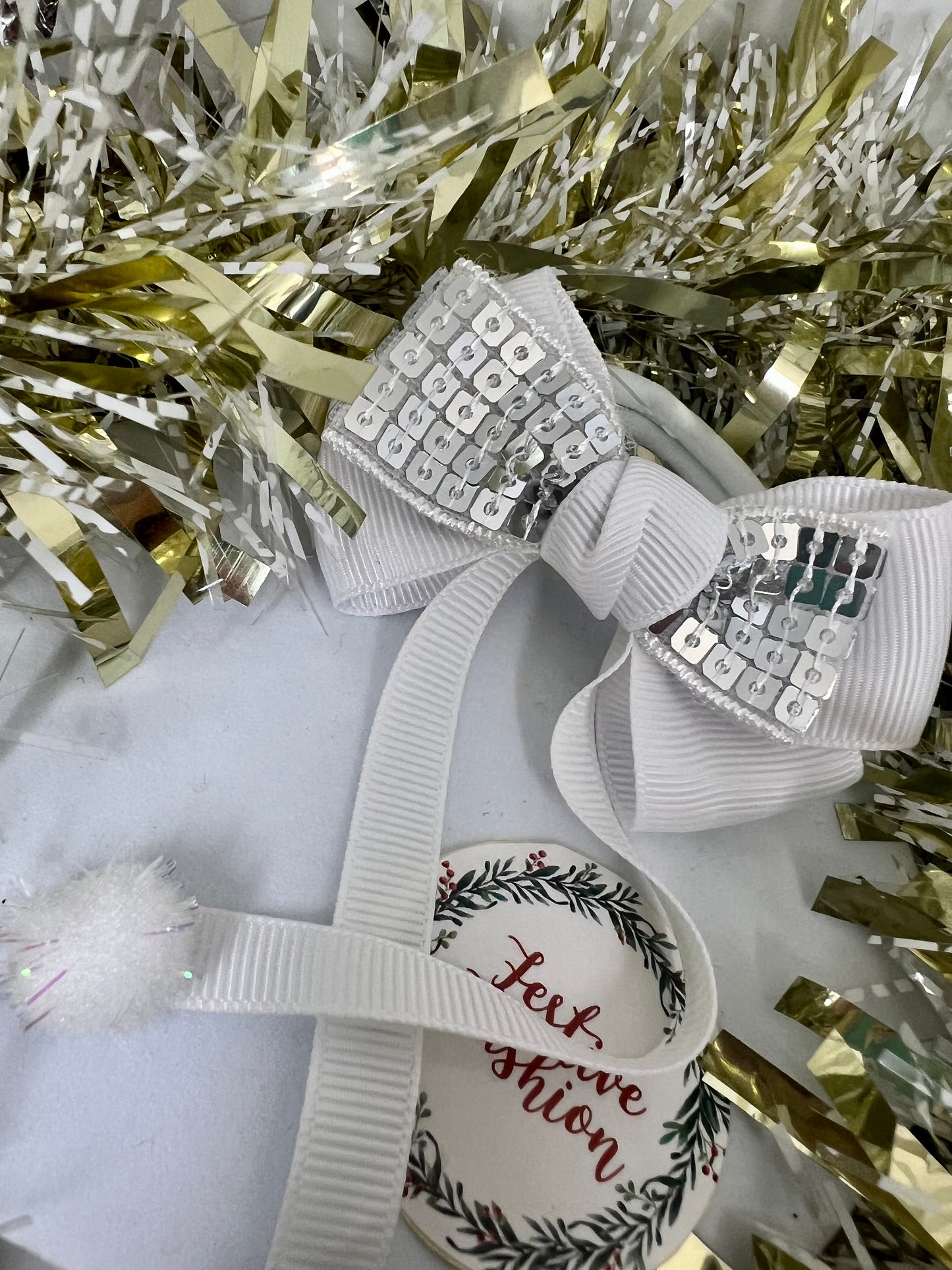White Sequin and Ribbon Pom-Pom Hair Bobble