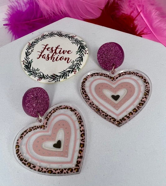 Pink Leopard Print Heart Dangle Earrings