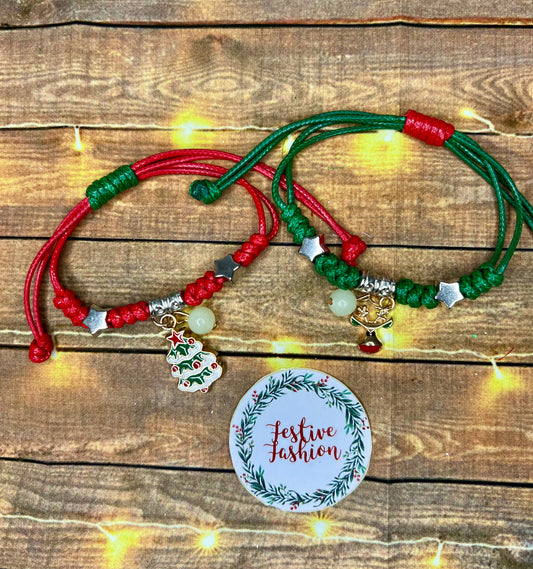 Set of 2 Red & Green Cord Christmas Charm Bracelets (assorted designs)